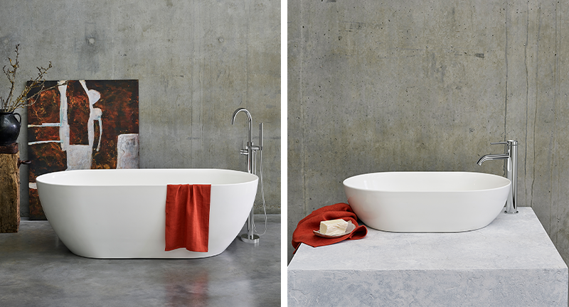 Modern Luxury Bathroom Design | Create a cohesive contemporary space with the Formoso Bath and Foromoso Basin for the ultimate luxurious bathroom experience. 